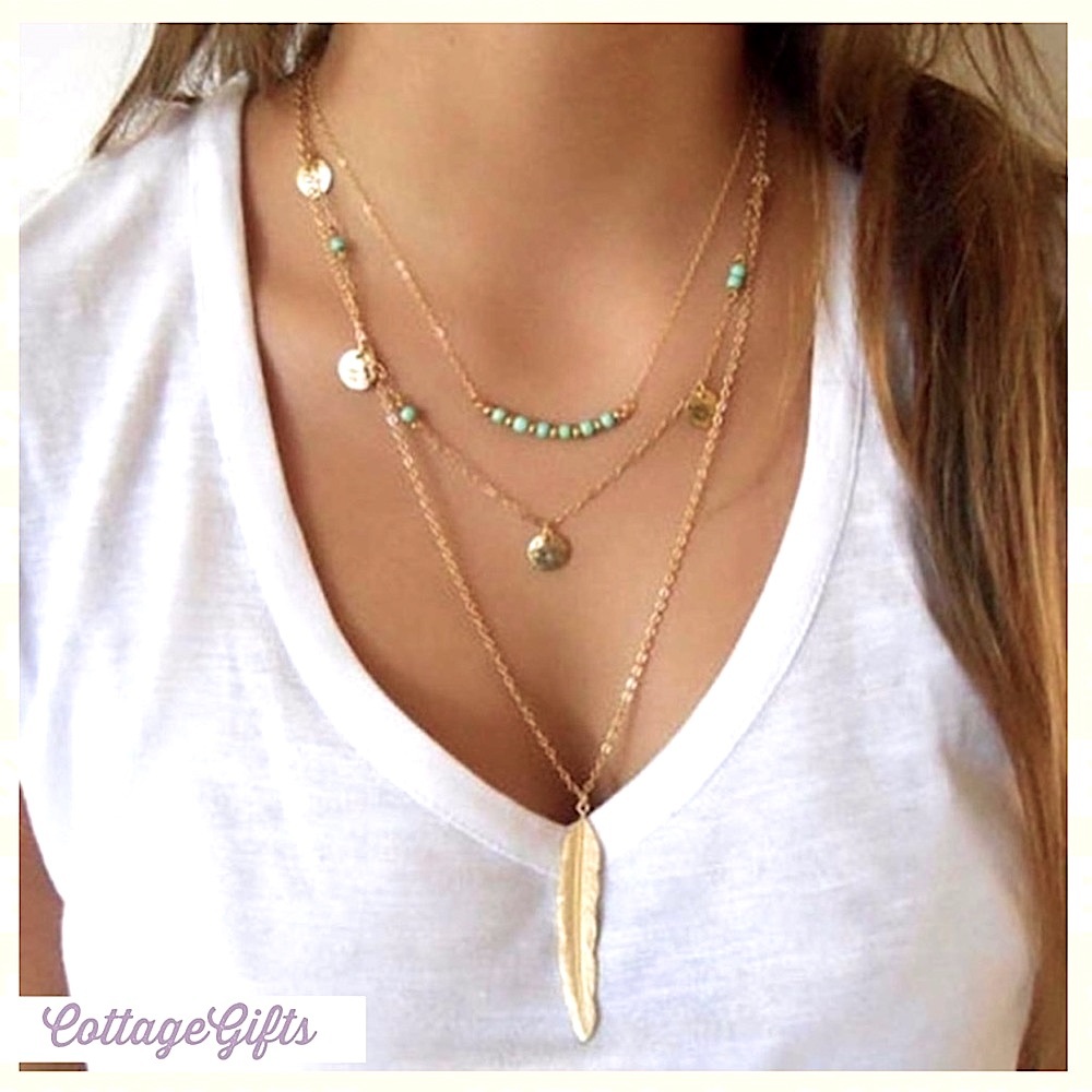 Chic Long Layered 3-Layered Fashion Feather Turquoise Boho Southwestern Necklace - Picture 1 of 5